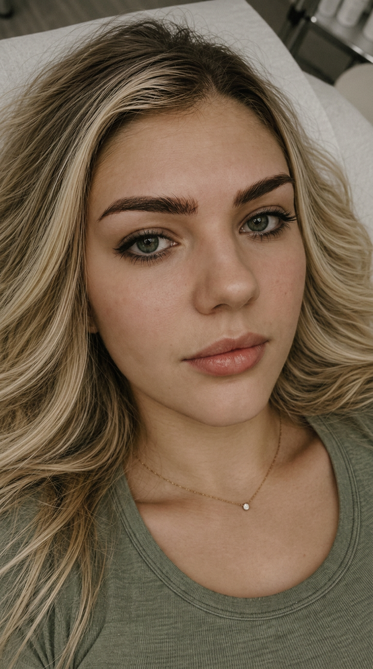 Close-up of a natural cosmetic lip tattoo on glowing skin
